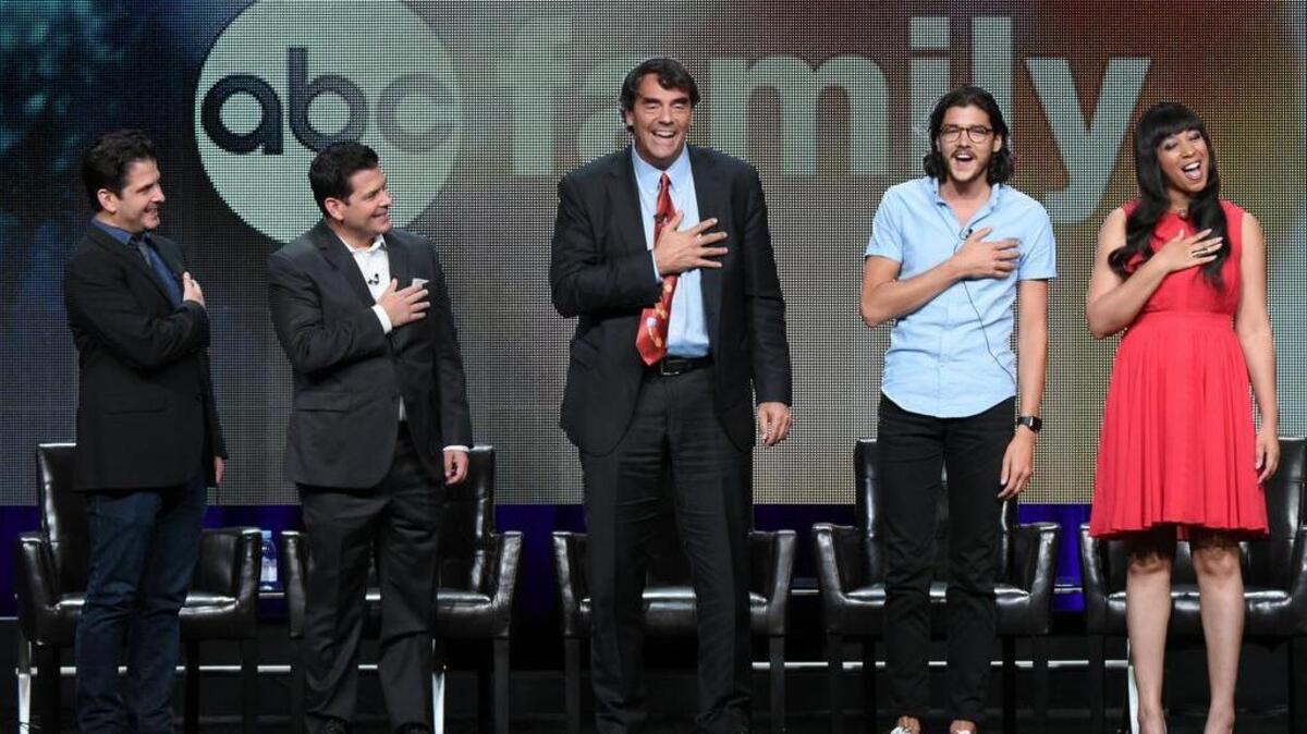 
Executive producers Tim Duffy, Mike Duffy, and cast members Charlie Taibi, and Sequoia Blodgett, participate in the "Startup U” panel at the Disney/ABC Summer TCA Tour at the Beverly Hilton Hotel on Wednesday, Aug. 5, 2015.
