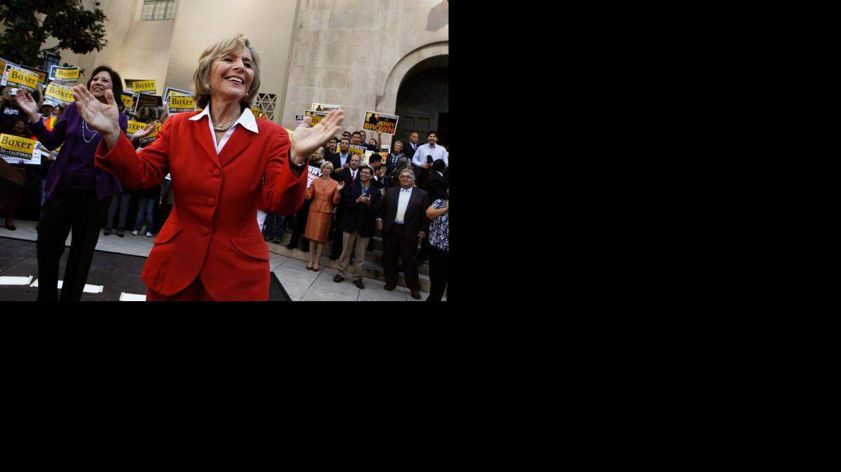  Barbara Boxer, at a 2010 rally in Los Angeles, has spent her political life fighting for liberal causes. Many fellow Democrats, including President Barack Obama and Sen. Dianne Feinstein, praised her hard work for her values.