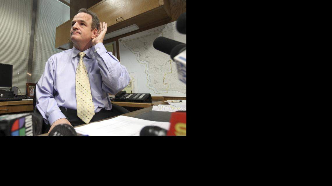 
Then-Assembly Minority Leader Sam Blakeslee, R-San Luis Obispo, cups his ear as he listens to a question concerning the results of the May 2009 special election at a Capitol news conference in Sacramento, Calif. AP Photo/ Rich Pedroncelli)
