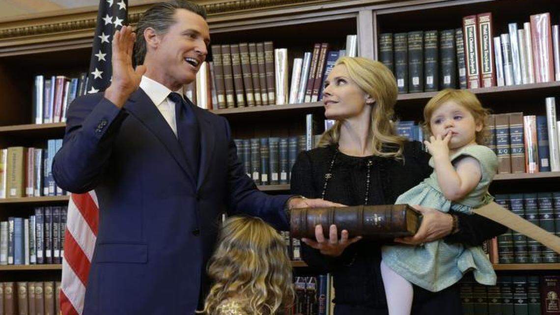 
Lt. Gov. Gavin Newsom takes the oath of office during an inauguration ceremony in Sacramento on Jan. 5.
