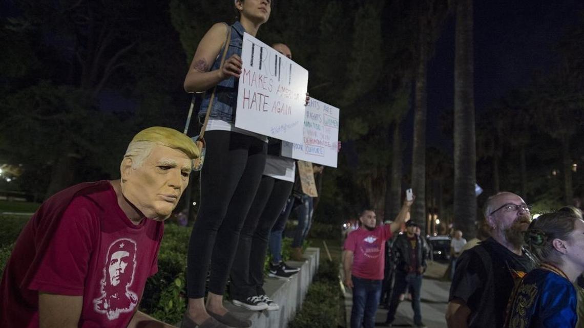 An estimated two-hundred protesters gatherrd near the state Capitol rallying against Donald Trump on Wednesday, November 9, 2016.