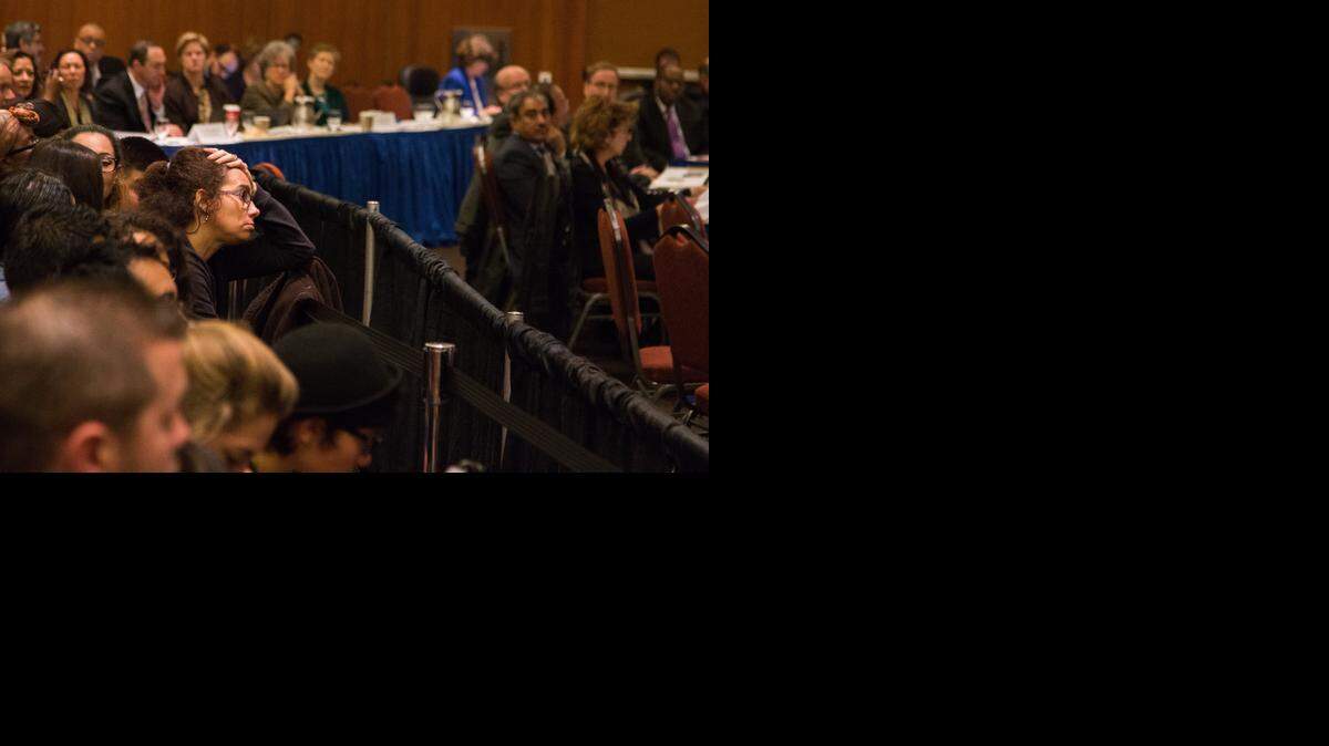 
UC Berkeley alumna Tania Kappner reacts during a discussion over proposed tuition increases at the University of California Board of Regents meeting on November 19, 2014.
