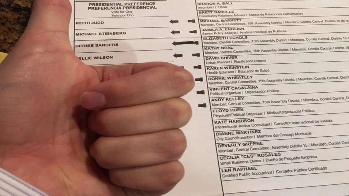 Taylor Huckaby shows off his ballot for the June 7, 2016, primary election in California.