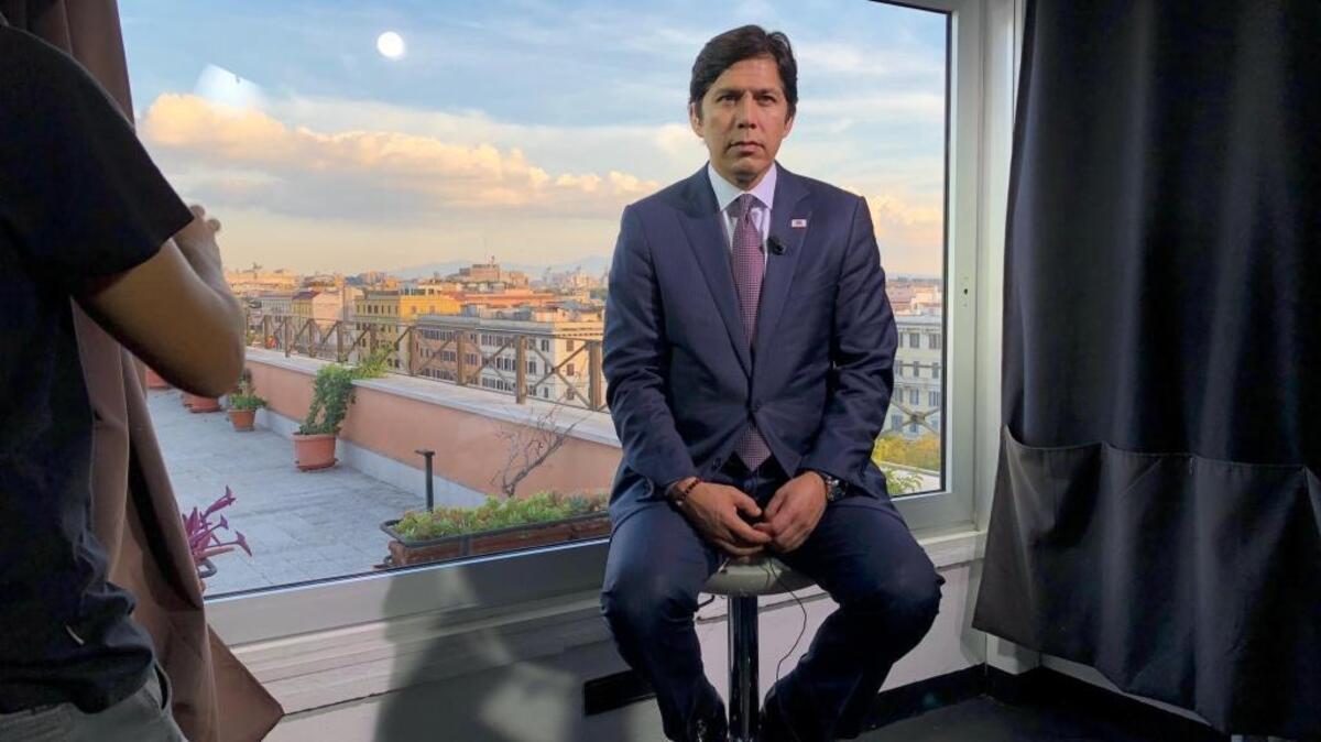 California Senate President Pro Tem Kevin de León, D-Los Angeles, waits to be interviewed by a French television station in Rome on Nov. 2, 2017. He is set to attend a climate change event at Vatican City organized by the Pontifical Academy of Sciences.