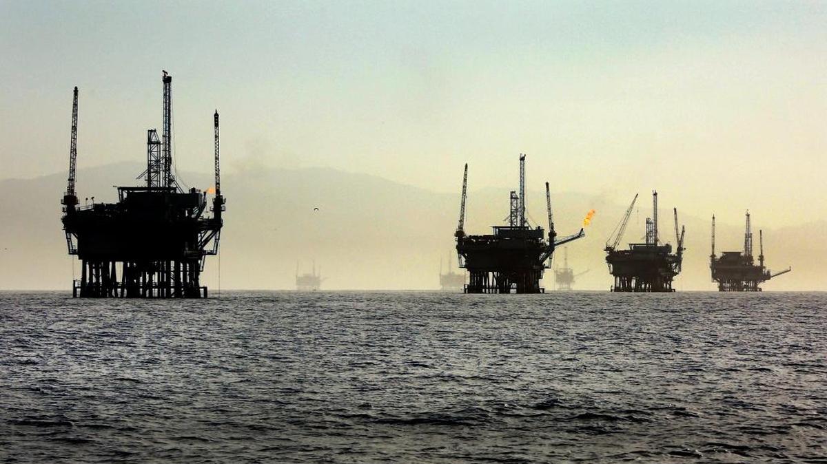 A line of off-shore oil rigs in the Santa Barbara Channel near the Federal Ecological Preserve en route to the Channel Islands National Marine Sanctuary in March 2015.