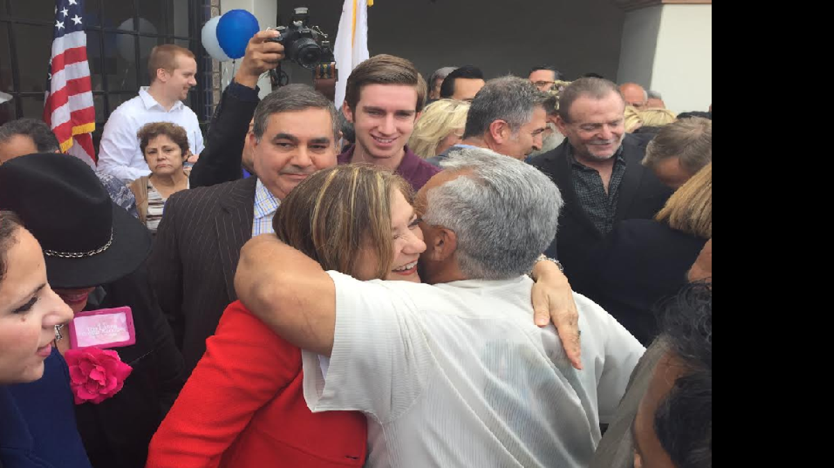 
Rep. Loretta Sanchez, D-Santa Ana, hugs her half-brother, Stephen Sanchez, after announcing she will run for U.S. Sen. Barbara Boxer’s seat. She was surrounded by family and supporters at the Santa Ana train station on Thursday.
