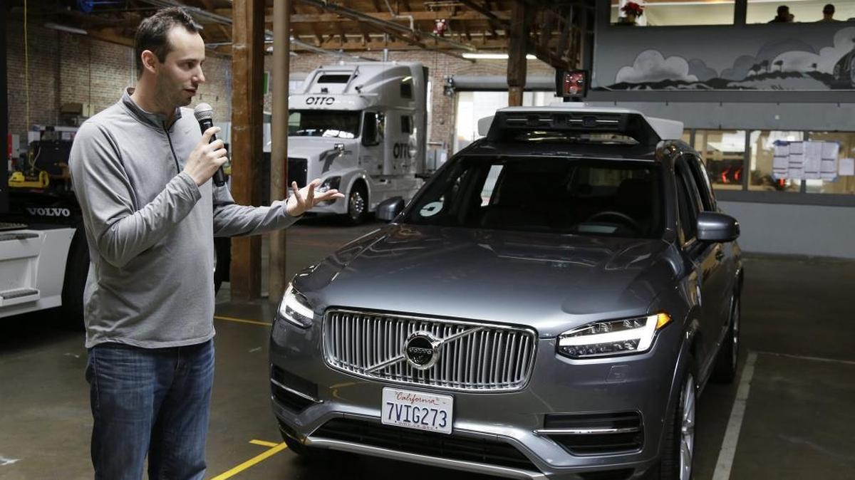 Anthony Levandowski, head of Uber's self-driving car program, speaks about their autonomous vehicle in San Francisco on Dec. 13, 2016.