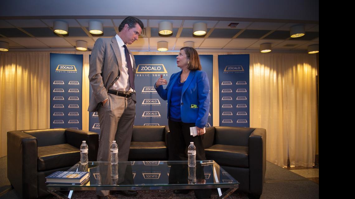 
Sacramento Bee Publisher Cheryl Dell speaks with Lt. Gov. Gavin Newsom, following a discussion that included Arizona State University President Michael M. Crow, on higher education on Monday, May 18, 2015, at the Tsakopoulos Library Galleria in Sacramento.
