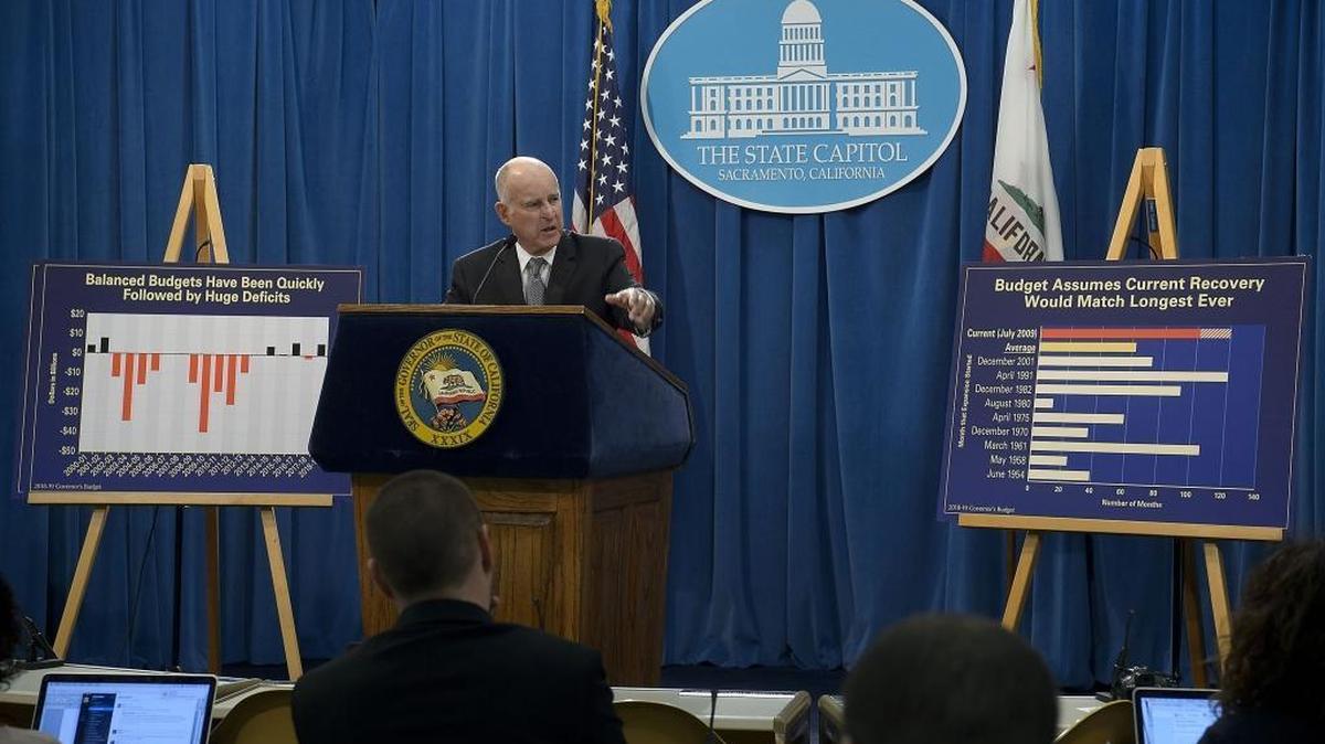 California Gov. Jerry Brown speaks to members of the press about the current state budget at the Capitol in Sacramento on Jan. 10, 2018.