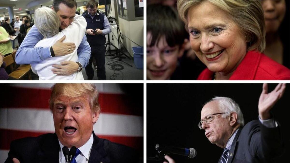 Top left: Republican presidential candidate Ted Cruz hugs a woman who sang him a song during a campaign event at Iowa Lake Community College Jan. 29, 2016 in Emmetsburg, Iowa. Photo for The Washington Post by Joshua Lott. Top right: Former Secretary of State Hillary Clinton meets Iowa voters at a rally in Cedar Rapids, Iowa on Saturday, Jan.30, 2016. Washington Post photo by Melina Mara. Bottom right: Democratic presidential candidate Bernie Sanders speaks to students in Des Moines, Iowa. Photo for The Washington Post by Joshua Lott.Bottom left: Republican presidential candidate Donald Trump holds a campaign rally at Drake University on Jan.28, 2016 in Des Moines, Iowa. Washington Post photo by Charles Ommanney.