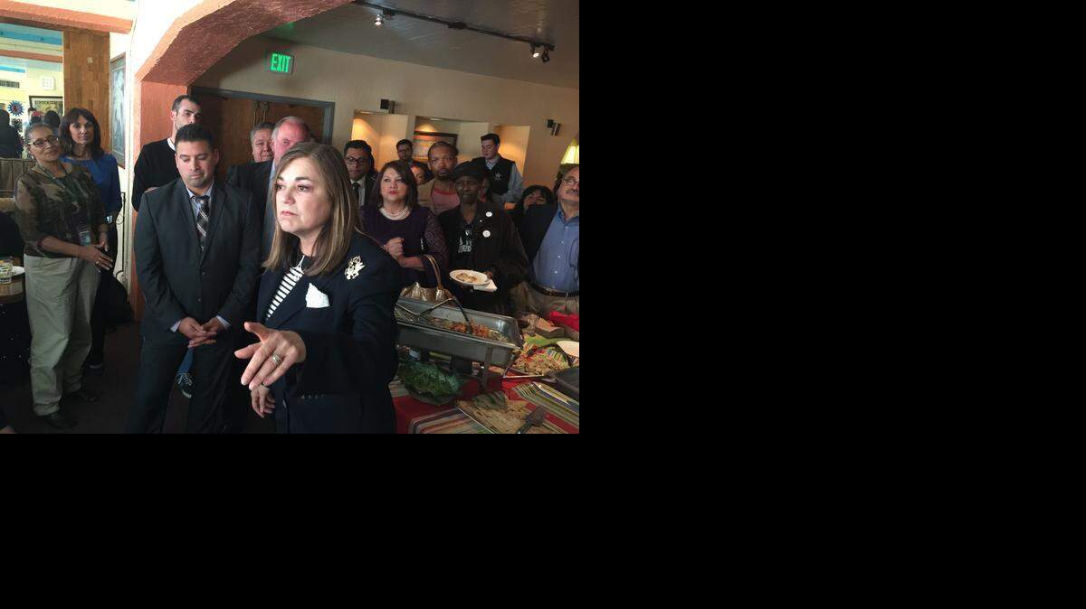 
Rep. Loretta Sanchez, D-Santa Ana, talks with supporters Friday evening at Don Ramon’s Mexican restaurant in San Francisco. “In the Senate, (you) need somebody who already understands what’s going on. I don’t have any ramp-up,” she said, contrasting herself with Attorney General Kamala Harris.
