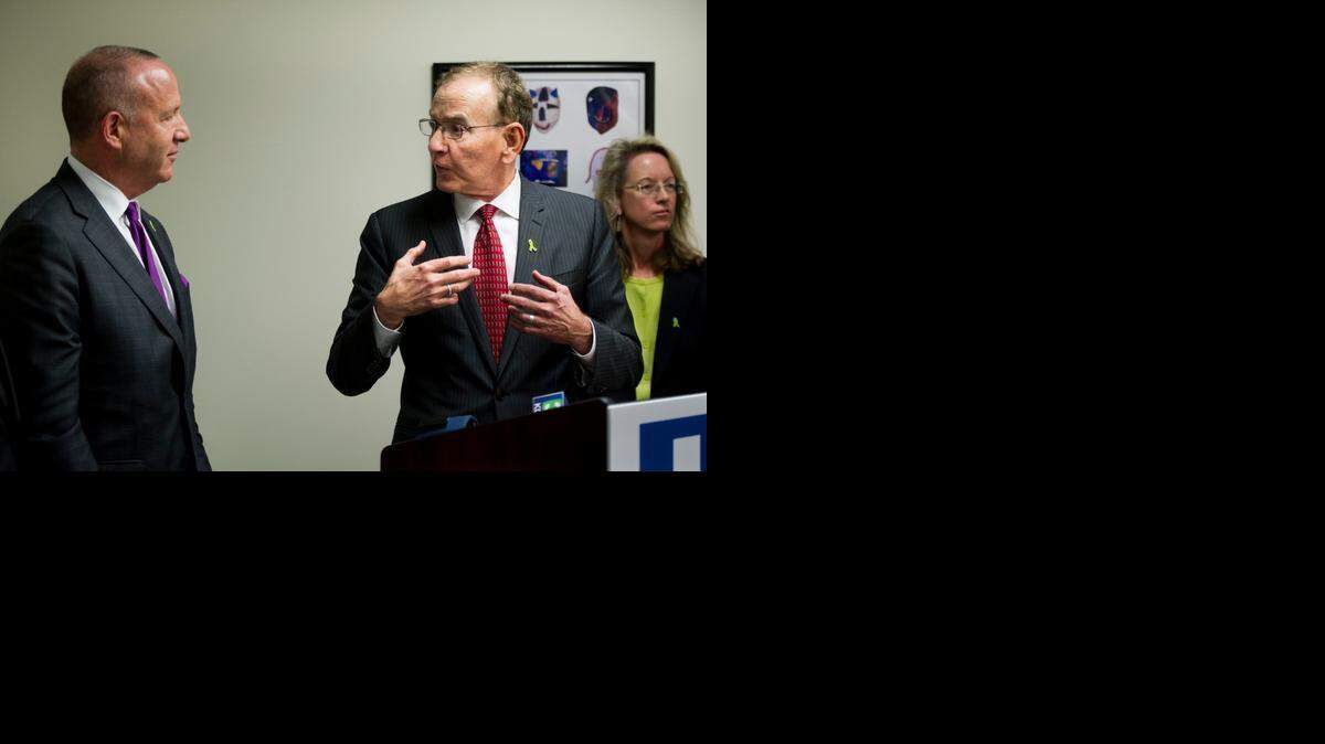 
Director of Los Angeles County Department of Mental Health Dr. Marvin Southard (right) speaks to former state Senate leader Darrell Steinberg on Wednesday. Southard spoke about the impacts of the programs funded by Proposition 63 in LA County. 

