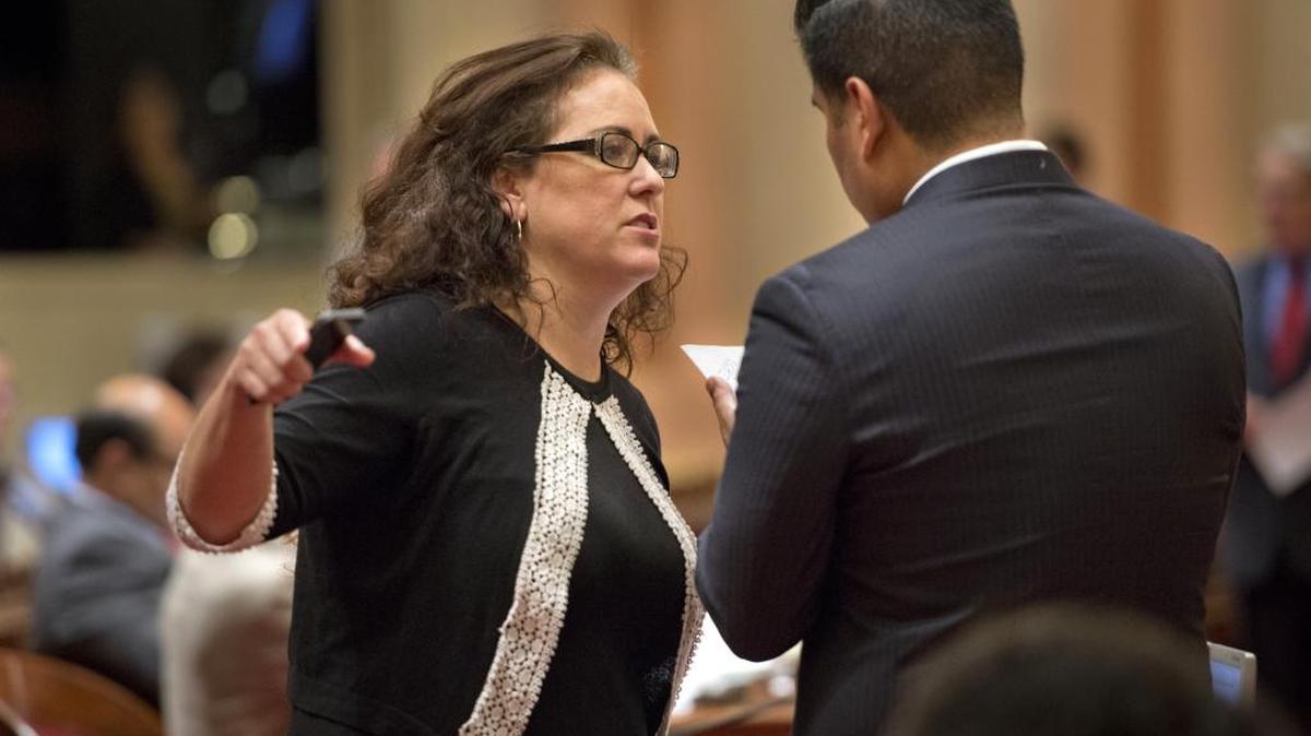 Assemblywoman Lorena Gonzalez, D-San Diego, talks with Sen. Ricardo Lara, D-Bell Gardens on the senate floor on Saturday, August 30, 2014.