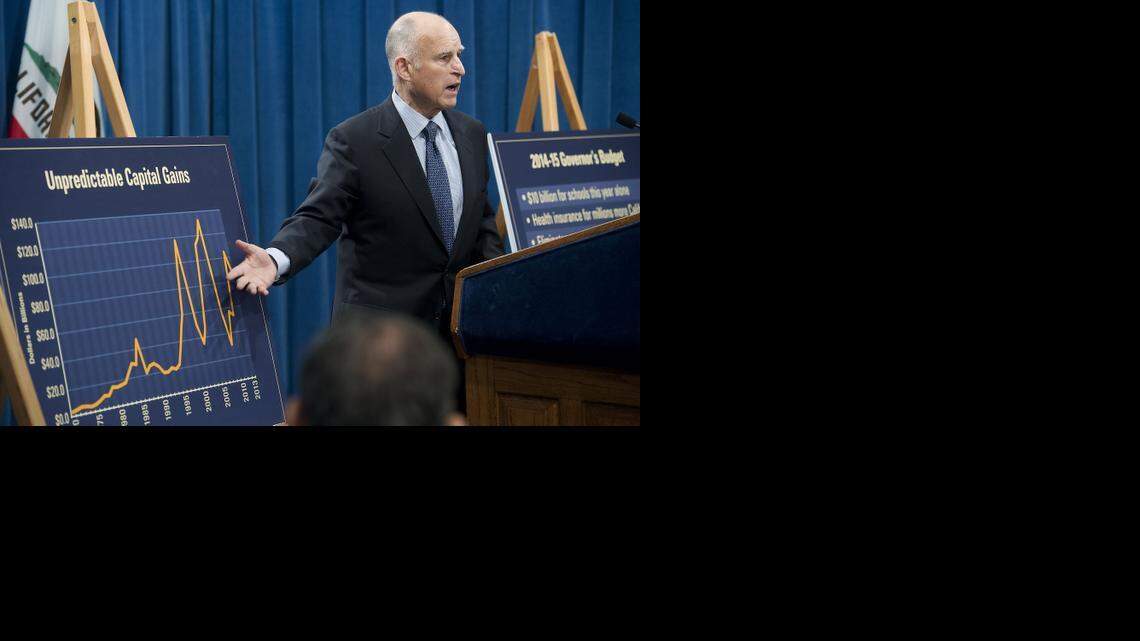 
Gov. Jerry Brown uses a chart to explain his budget a year ago. He presents his first 2015-16 budget Friday.
