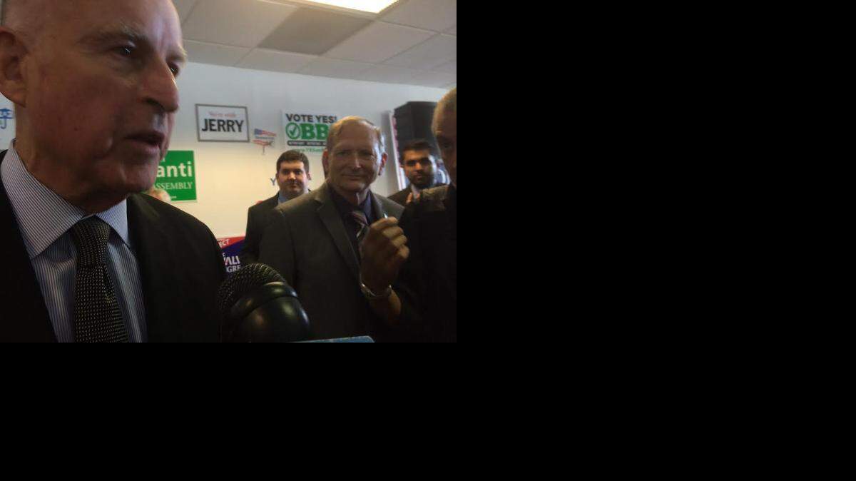 
Gov. Jerry Brown speaks to reporters at a campaign stop in Pleasanton on Monday, Oct. 27, 2014.
