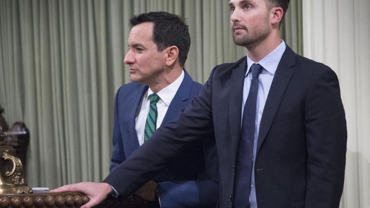 Assembly Speaker Anthony Rendon, D-Paramount, and Assemblyman Ian Calderon, D-Whittier, watch the floor during votes on the state budget in June 2017. The Assembly’s Democratic Office of Communications and Outreach is undergoing more than $160,000 in renovations.