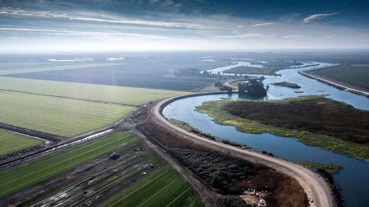 White Slough in the Sacramento-San Joaquin Delta meanders past farmland in a drone image from Tuesday, Nov. 1, 2022. 