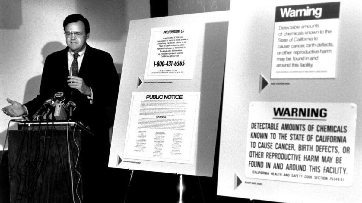 Kirk West, as president of the state Chamber of Commerce, discusses warning signs mandated by proposition 65, a 1986 ballot measure that required warnings if cancer-causing materials were present.