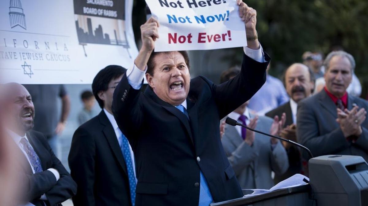 Sen. Marty Block, D-San Diego, chair of the California Legislative Jewish Caucus, speaks out against hate during a rally at the State Capitol on March 9, 2015.
