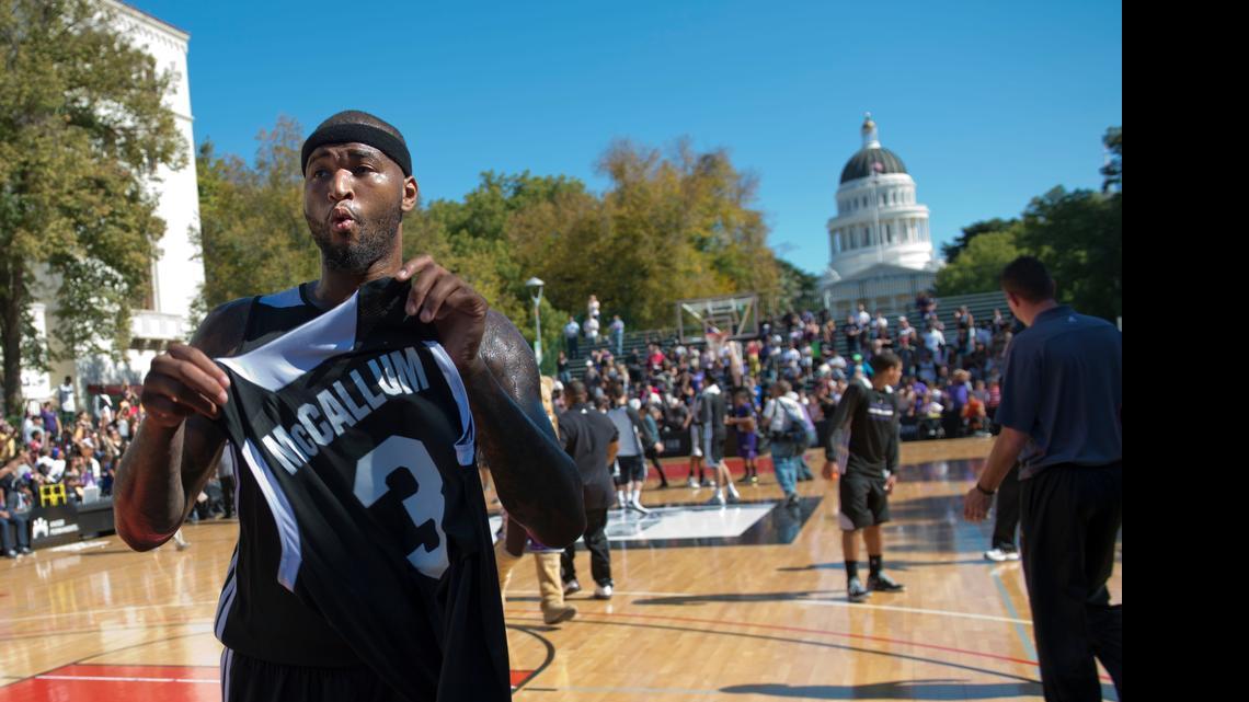 
The Kings’ DeMarcus Cousins takes part in a charity exhibition game in October 2013. A bill before the state Legislature would let nonprofits associated with professional sports teams give half the proceeds to the winner when they conduct raffles at games.

