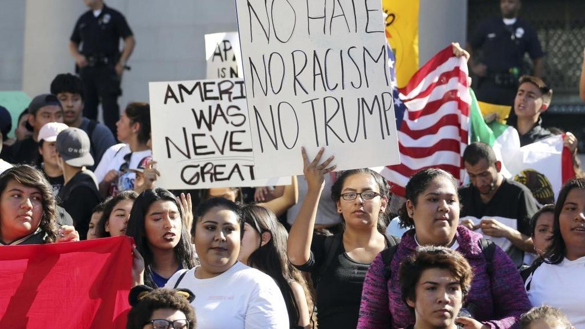 Students from several Los Angeles high schools rally on the steps of City Hall on Nov. 14 after walking out of classes to protest the presidential election of Donald Trump. Los Angeles County, with more than a quarter of the state’s population, gave heavy support to Trump’s rival, Hillary Clinton.