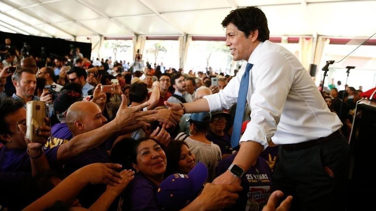 State Sen. Kevin de Leon shakes hands with supporters during an event held to formally announce his run for U.S. Senate Wednesday, Oct. 18, 2017, in Los Angeles.