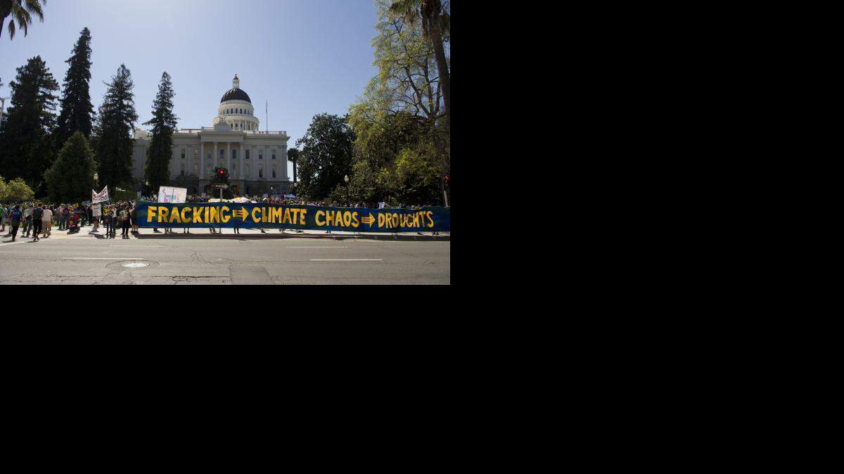 
Anti-fracking demonstrators protest the Brown administration's failure to stop fracking in California during a rally at the State Capitol on March 15, 2014.

