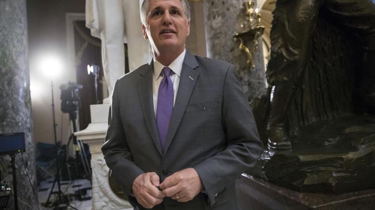 House Majority Leader Kevin McCarthy, R-Calif., prepares to comment on the government shutdown during a TV interview at the Capitol in Washington, Monday, Jan. 22, 2018.