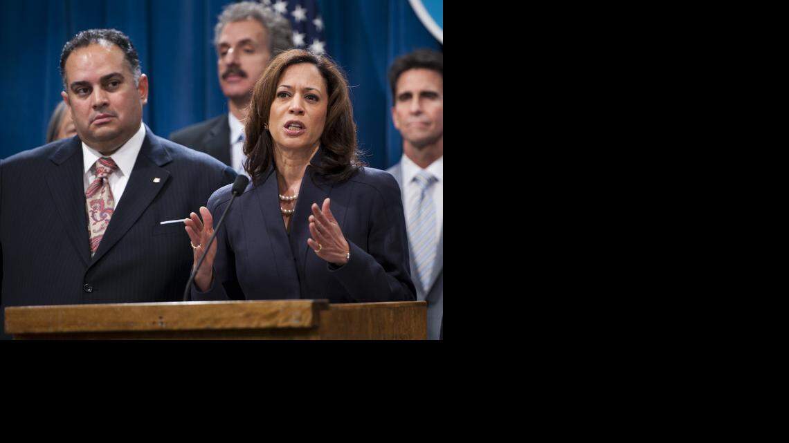 
Attorney General Kamala Harris with then-Assembly Speaker John A. Pérez at a Capitol press conference on Feb. 29, 2012.
