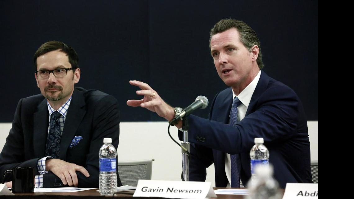 
Lt. Gov. Gavin Newsom, right, speaks during a public forum on his Blue Ribbon Commission on Marijuana Policy at UCLA on April 21. At left is David Ball, associate professor at Santa Clara University School of Law. Newsom, a Democrat who supports marijuana legalization, said it’s time for the state to move in a new direction but raised concerns about the threat of a black market if taxes drive buyers underground.
