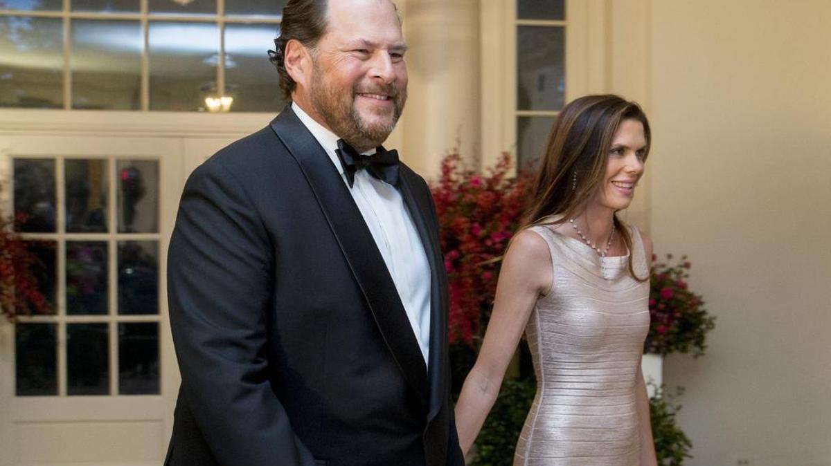 Salesforce.com’s Marc Benioff, seen here with his wife Lynne at the White House in 2015.