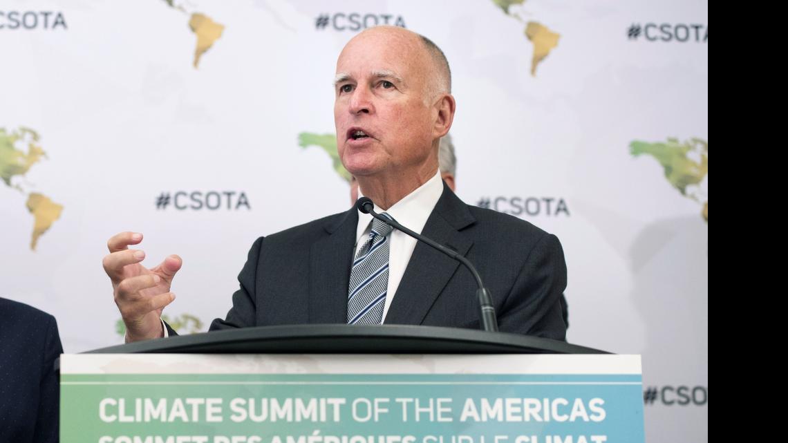 
Gov. Jerry Brown speaks to reporters at the Climate Summit of the Americas in Toronto on Wednesday.
