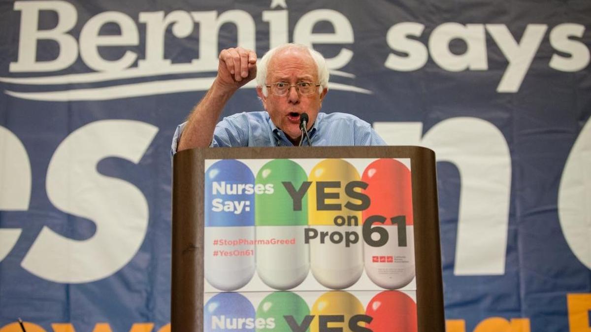 Bernie Sanders addresses the Yes on 61 rally on Oct. 15, 2016 in San Francisco.