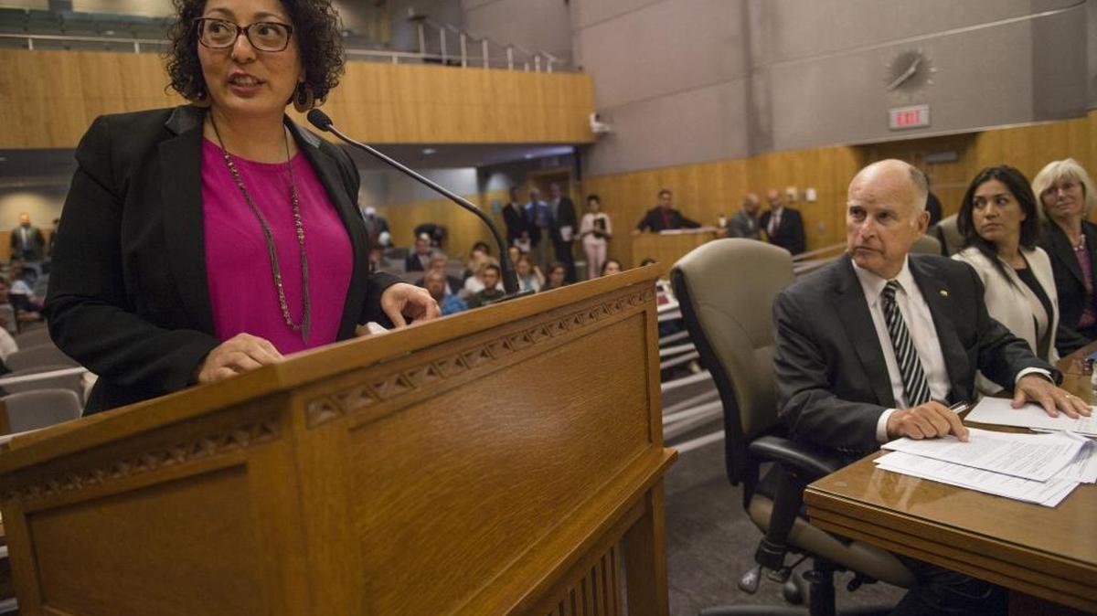Assemblywoman Cristina Garcia (left), D-Bell Gardens, authored Bill 617, and Gov. Jerry Brown testified for it at the Senate Environmental Quality Committee on July 13, 2017, in Sacramento, Calif.