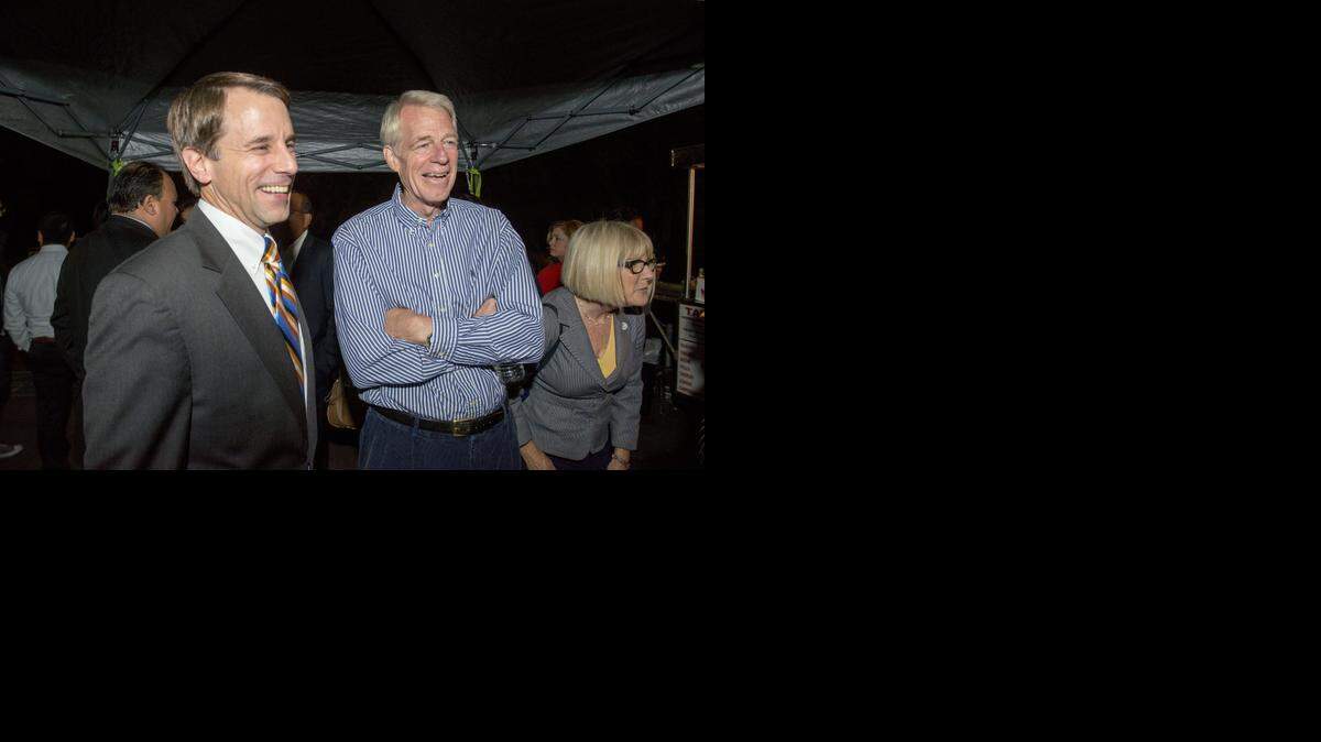 
Dave Jones, left, chats with Roger Dickinson at the former assemblyman’s campaign headquarters on election night earlier this year.
