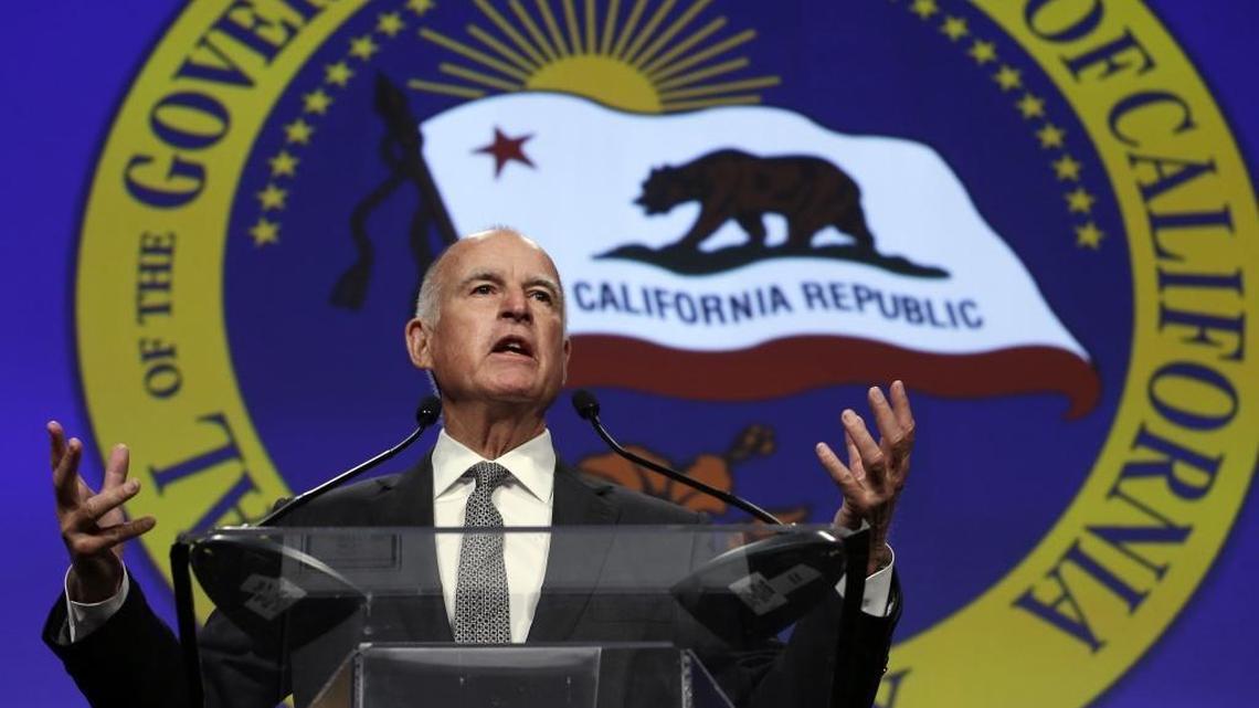 In this May 28, 2015 file photo California Gov. Jerry Brown speaks at a gathering of political, business and community leaders at the annual California Chamber of Commerce Host Breakfast.