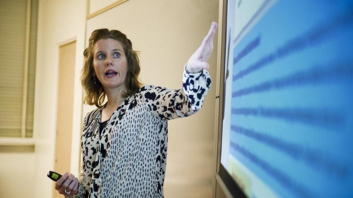 
Dr. Sarah Strand, a part-time lecturer at Sacramento State, teaches a course in the statistics of psychology on Jan. 28, 2015.
