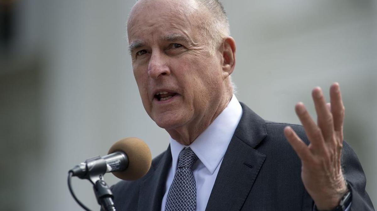 Gov. Jerry Brown speaks during a rally sponsored on the west steps of the state Capitol in Sacramento on Thursday, April 7, 2016.