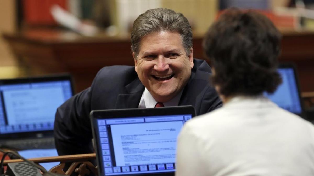 Sen. Bob Hertzberg, D-Los Angeles, talking last year with Sen. Connie Leyva, D-Chino, has introduced Senate Bill 1349 to upgrade the state’s campaign finance database.