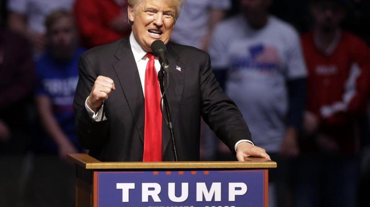 Republican presidential candidate Donald Trump speaks during a campaign stop on April 27, 2016, in Indianapolis.