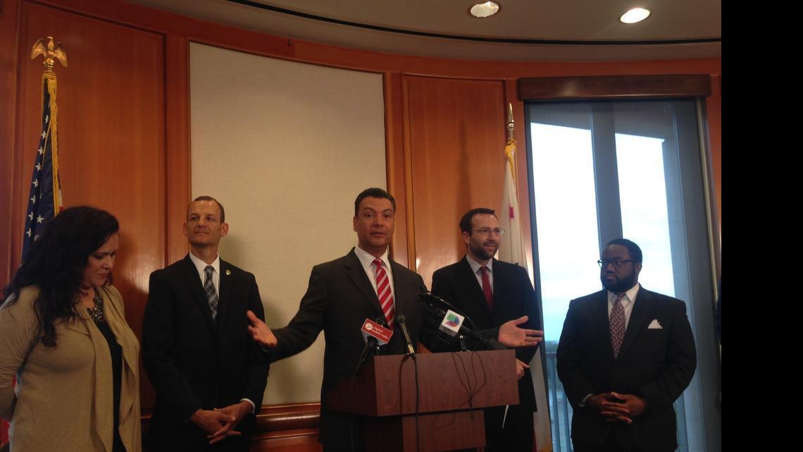 
California Secretary of State Alex Padilla (center) announces a new bill he says will improve voter participation. He’s joined by, from left to right: Assemblywoman Lorena Gonzalez, Assemblyman Kevin McCarty, Sen. Ben Allen, and Assemblyman Sebastian Ridley-Thomas in Sacramento on Wednesday, June 10, 2015.
