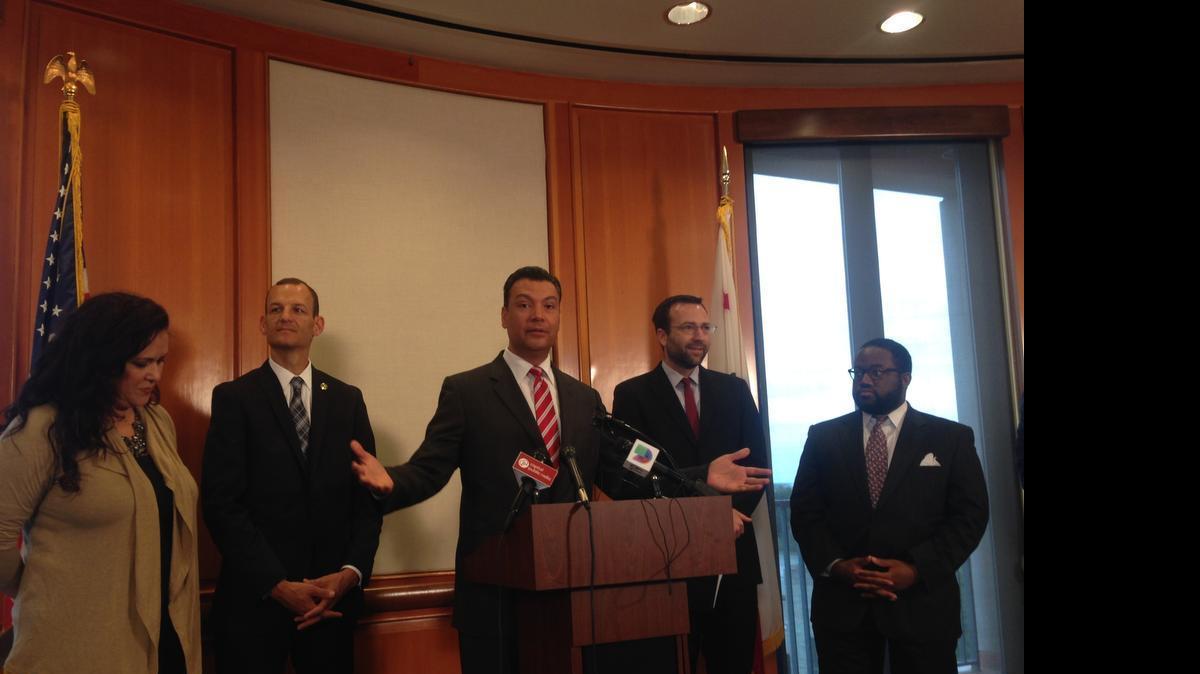 
California Secretary of State Alex Padilla (center) announces a new bill he says will improve voter participation. He’s joined by, from left to right: Assemblywoman Lorena Gonzalez, Assemblyman Kevin McCarty, Sen. Ben Allen, and Assemblyman Sebastian Ridley-Thomas in Sacramento on Wednesday, June 10, 2015.
