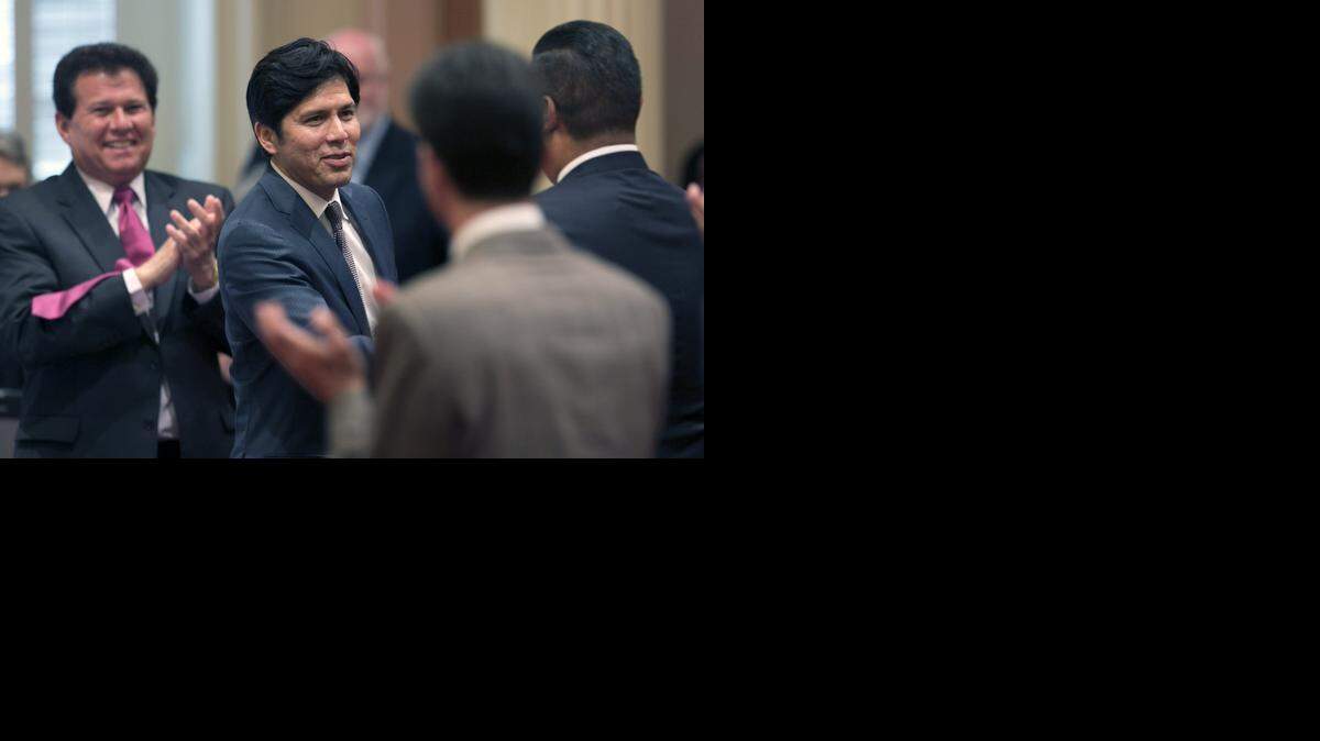 
Sen. Kevin de León, D-Los Angeles, center, was mentioned 56 times in federal allegations against Ron Calderon and is to be a witness in the former state senator’s trial.
