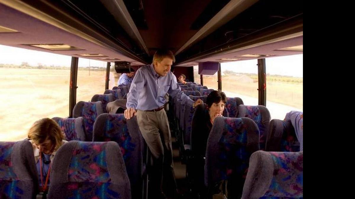 
Steve Westly rides on the media bus on his campaign for governor on Wednesday, May 24, 2006.
