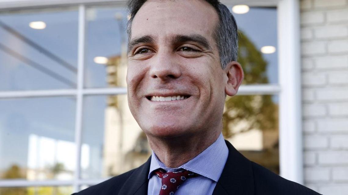 Los Angeles Mayor Eric Garcetti speaks to media after his election victory in Los Angeles on Wednesday, March 8, 2017. Garcetti easily won a second term Tuesday in a election, fueling speculation he’s run for statewide office in 2018.