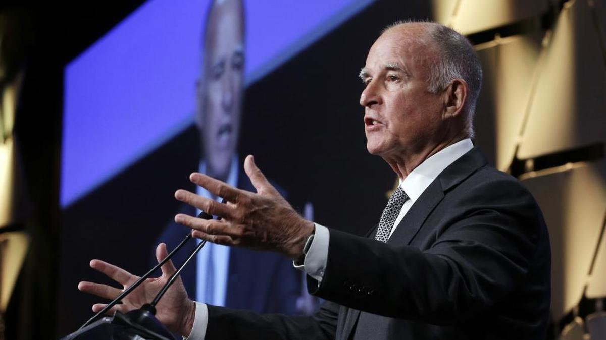 
California Gov. Jerry Brown speaks at a gathering of political, business and community leaders at the annual California Chamber of Commerce Host Breakfast in Sacramento in May. Brown signed several political ethics bills Saturday but vetoed another.
