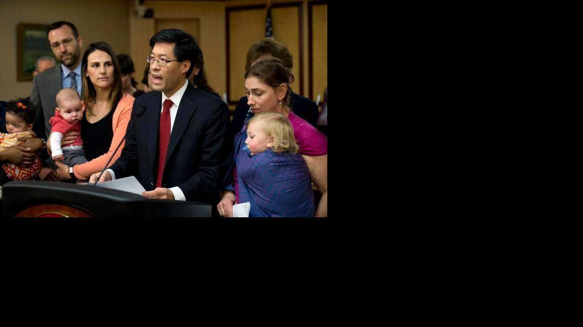 
With measles breaking out in California, Democratic Sens. Richard Pan of Sacramento, at podium, and Ben Allen of Santa Monica, far left, introduce legislation that would end California’s vaccine exemption loophole during a press conference  Wednesday in Sacramento. Passing of the bill would eliminate the ability for parents of school children to opt out of vaccinating their kids based on a personal belief.

