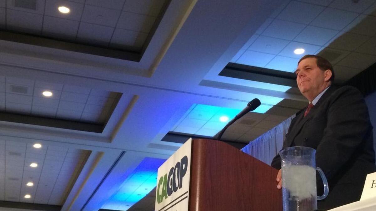 California Republican Party Chairman Jim Brulte addresses delegates at the state party convention in Burlingame on May 1, 2016.