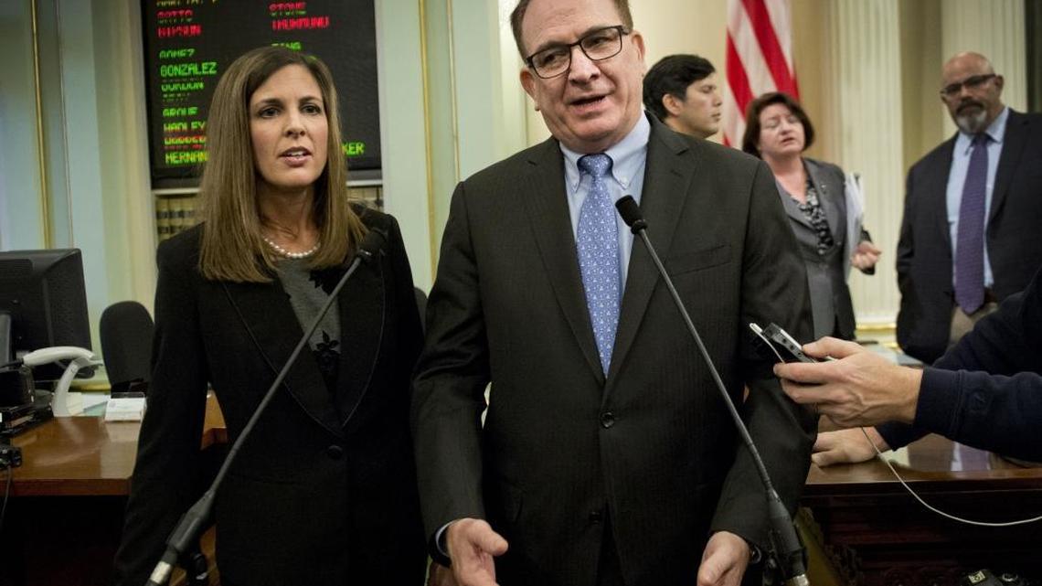 Assemblywoman Kristin Olsen, R-Riverbank and Sen. Bob Huff, R-Diamond Bar talk about Gov. Jerry Brown's address after he was sworn in to office for the fourth time on Monday, Jan. 5, 2015 at the Capitol.