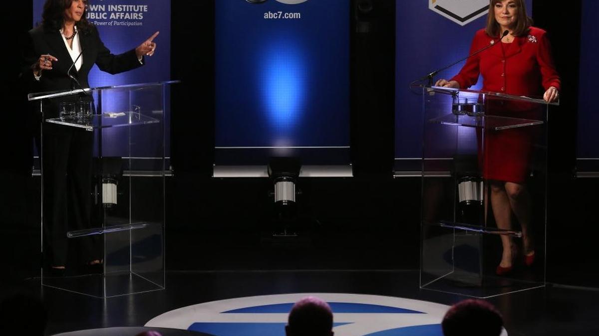 U.S. Senate candidate Kamala Harris, left, points a finger toward fellow candidate Loretta Sanchez during a debate at Cal State Los Angeles on Oct. 5, 2016.